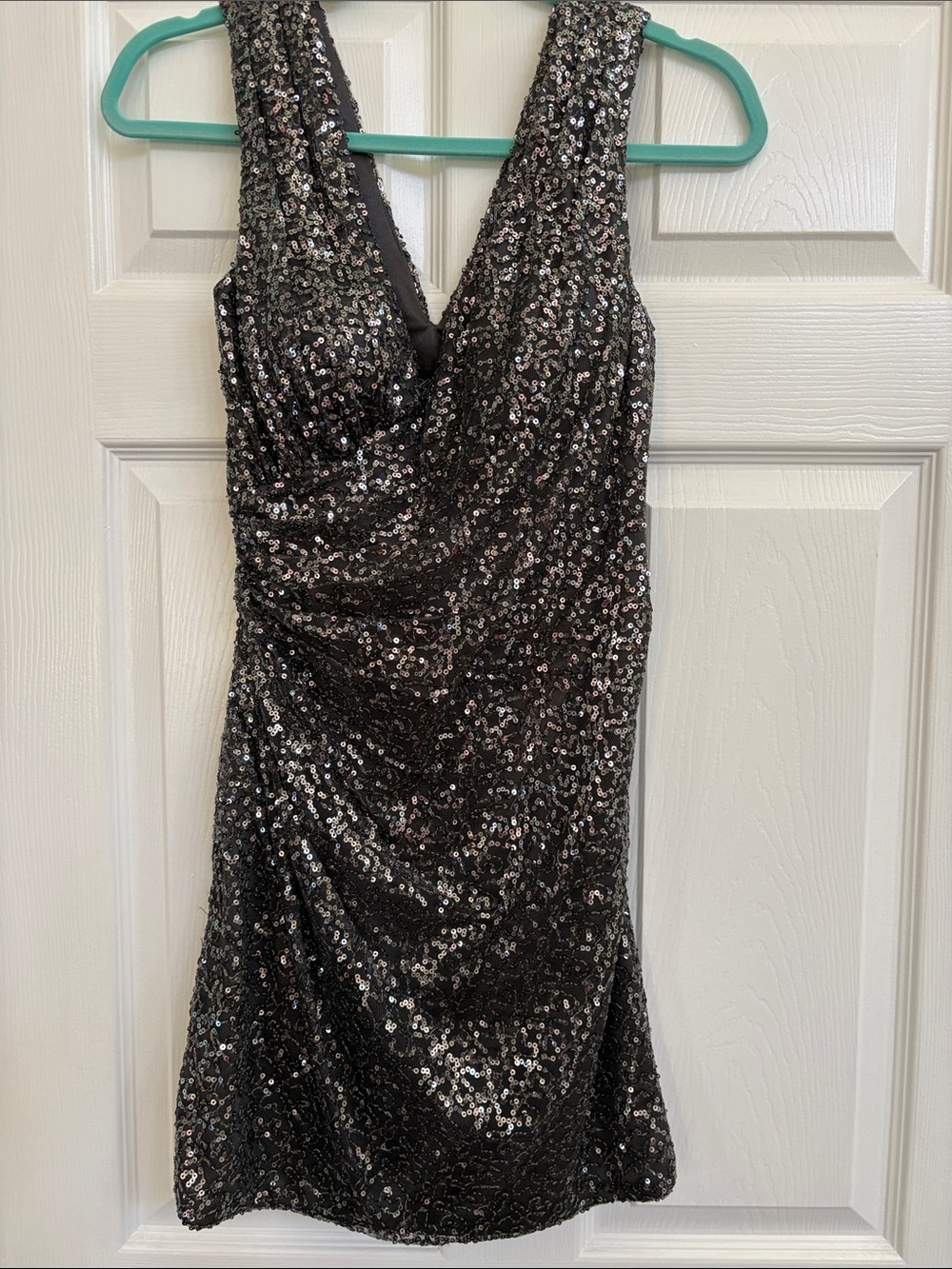 La Femme Charcoal Sequin V-Neck Mini Dress